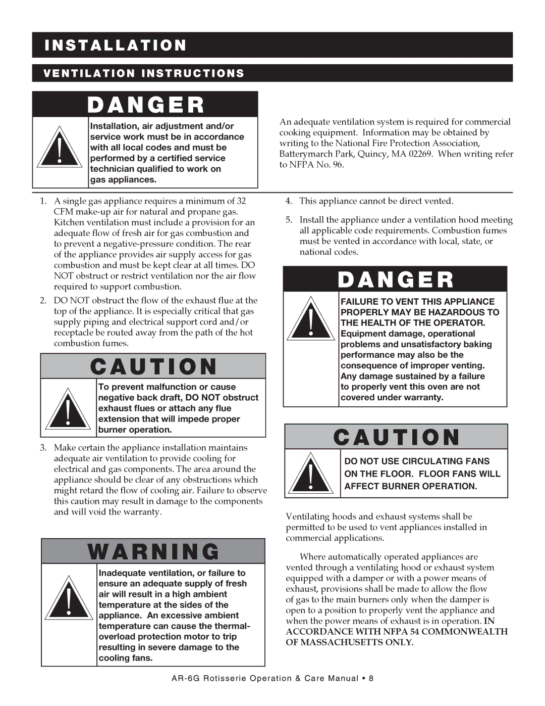 Alto-Shaam AR-6G manual Ve n til a tion instructions 