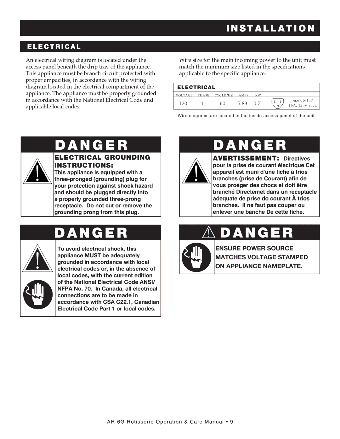 Alto-Shaam AR-6G manual E c t ric a l, ElectrIcal GroUnDInG InstrUctIons, AVertIssement Directives 