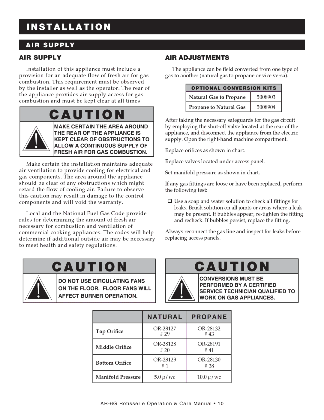 Alto-Shaam AR-6G manual Air supply, AIR Supply, AIR Adjustments, Replace orifices as shown in chart 