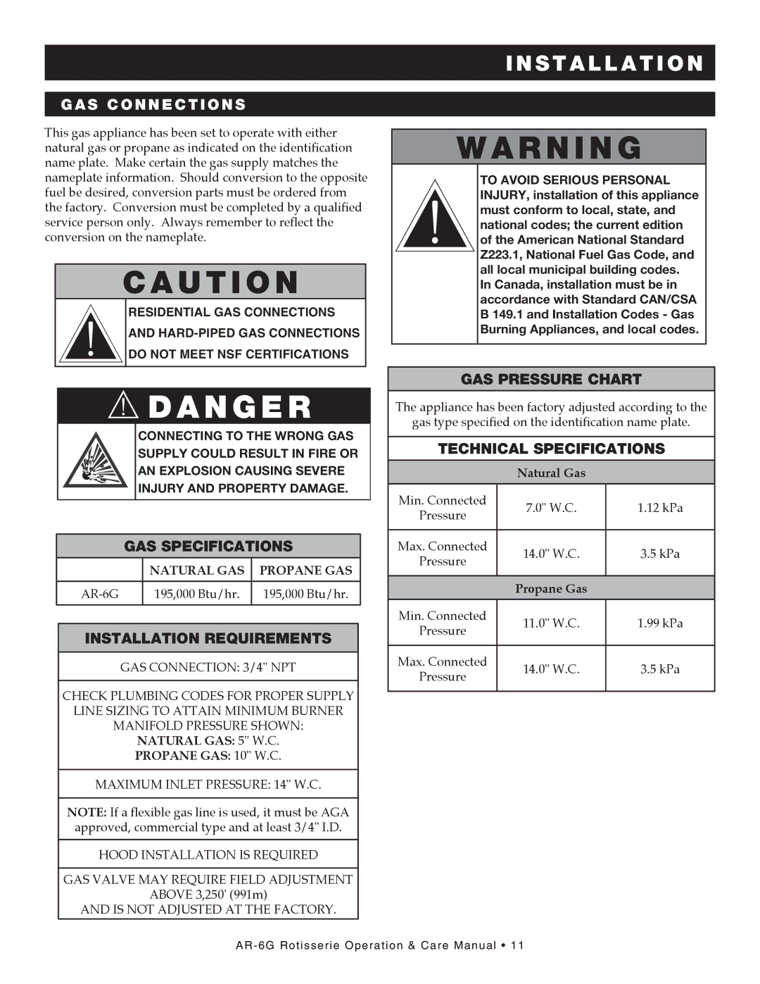 Alto-Shaam AR-6G manual Gas connections, Gas specifications, Installation Requirements, GAS Pressure Chart 