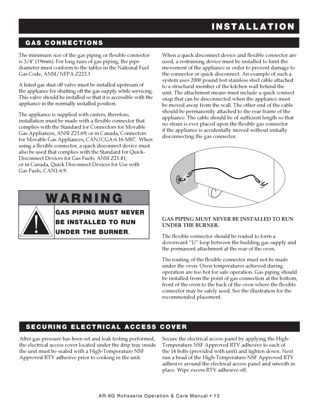 Alto-Shaam AR-6G manual Gas pIpInG mUst neVer be InstalleD to rUn UnDer the bUrner, Securing Electrical Access Cover 