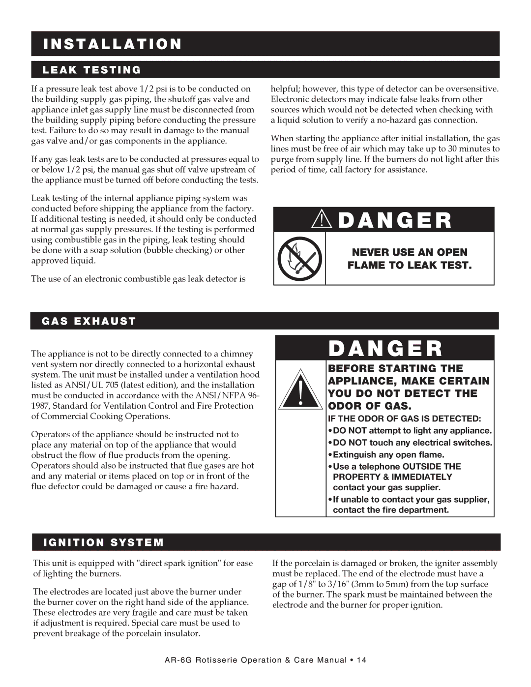 Alto-Shaam AR-6G manual Leak testing, Gas exhaust, NeVer Use an open flame to leaK test, Ignition system 