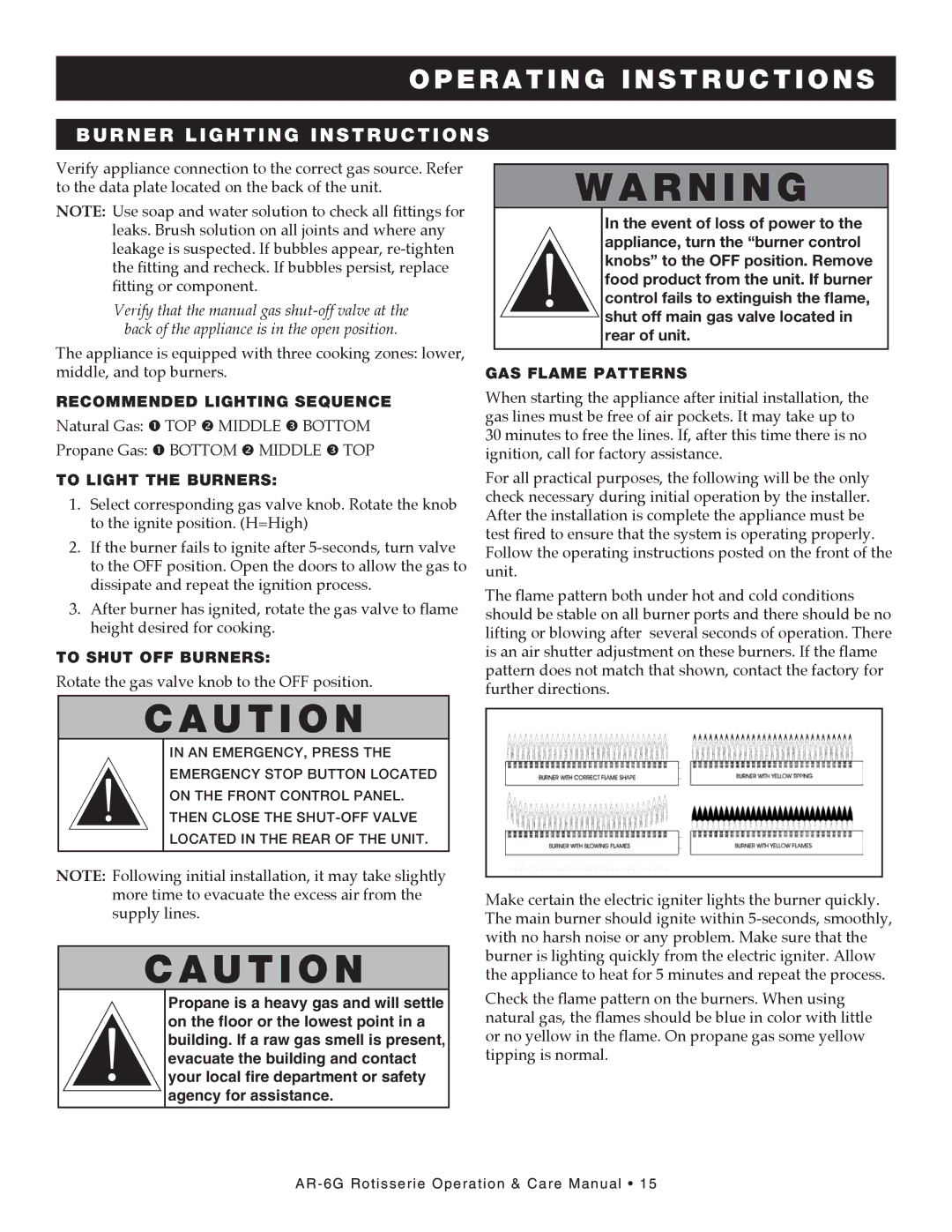 Alto-Shaam AR-6G Burner lighting instructions, GAS Flame Patterns, Recommended Lighting Sequence, To Light the Burners 
