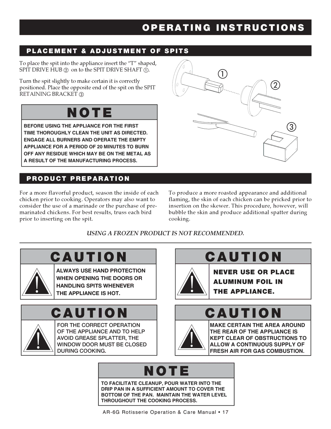 Alto-Shaam AR-6G manual A C E M E N T & Adjustment of Spits, NeVer Use or place alUmInUm foIl In the applIance 