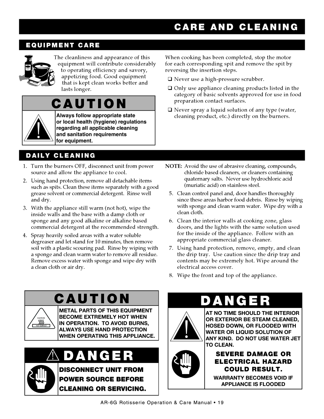 Alto-Shaam AR-6G manual Eq u ipment care, Daily cleaning, SeVere DamaGe or electrIcal haZarD coUlD resUlt 