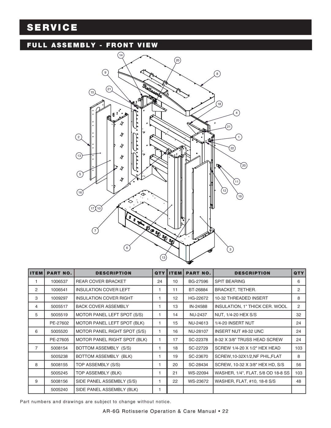 Alto-Shaam AR-6G manual Full assembly Front view, Description QTY 