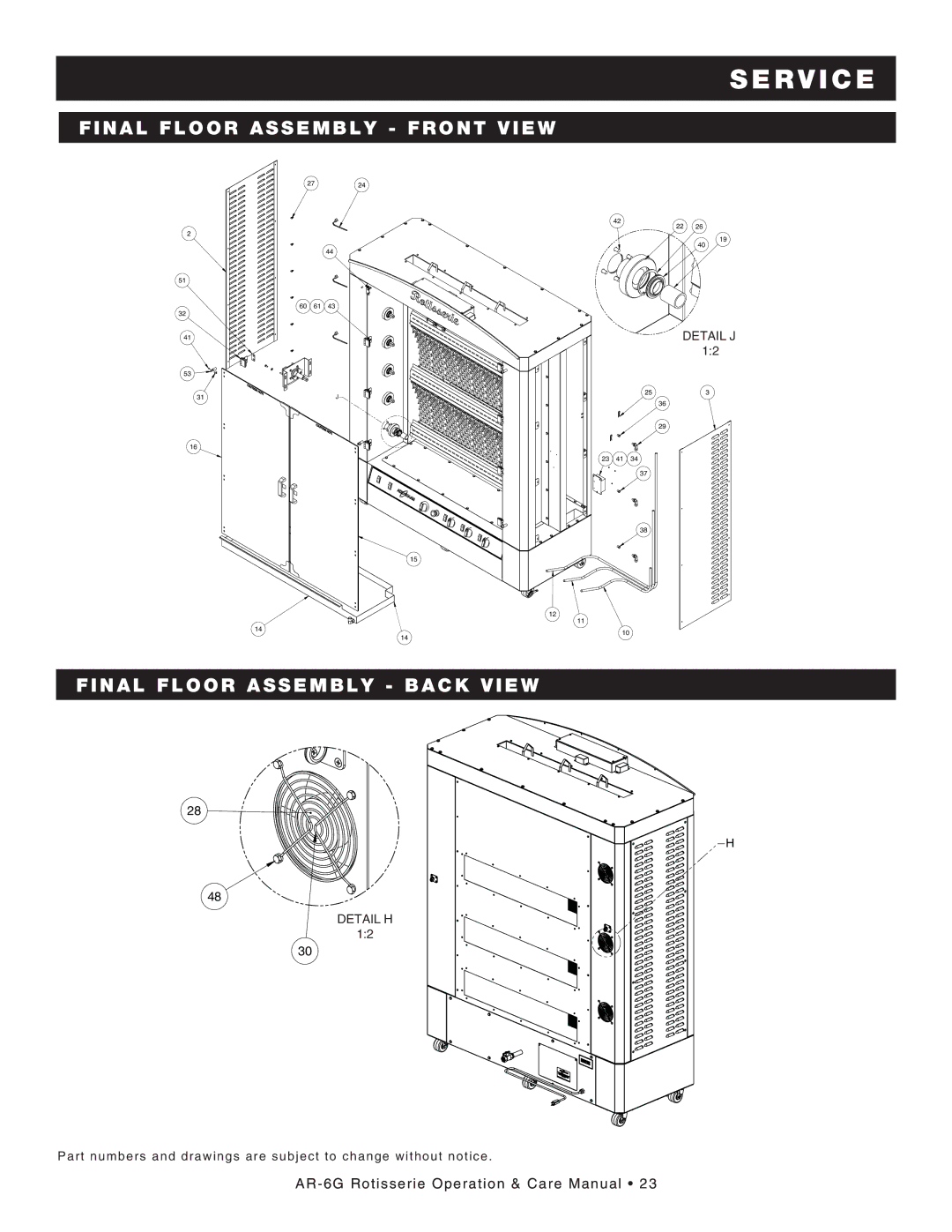 Alto-Shaam AR-6G manual Final floor assembly Front view, Final floor assembly Back view 