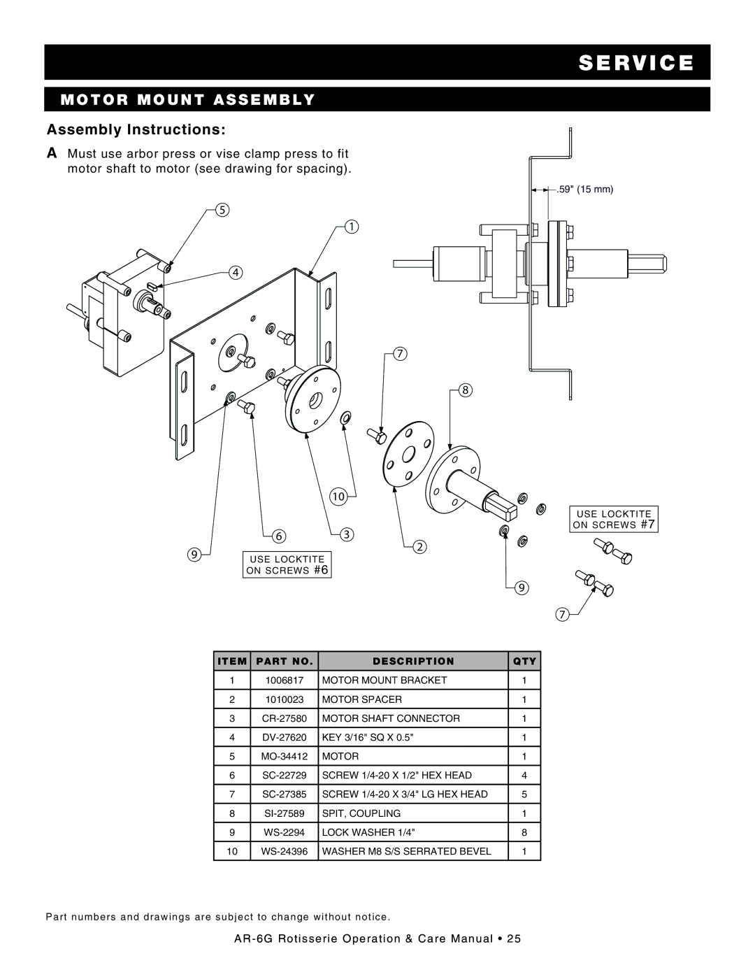 Alto-Shaam AR-6G manual Motor mount assembly, Assembly Instructions 