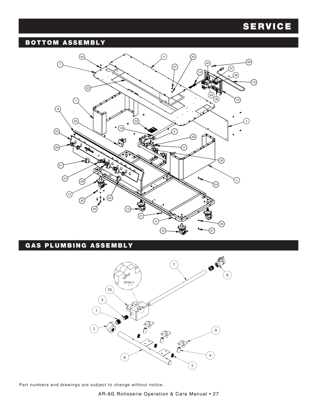 Alto-Shaam AR-6G manual Bottom Assembly, Gas plumbing assembly 