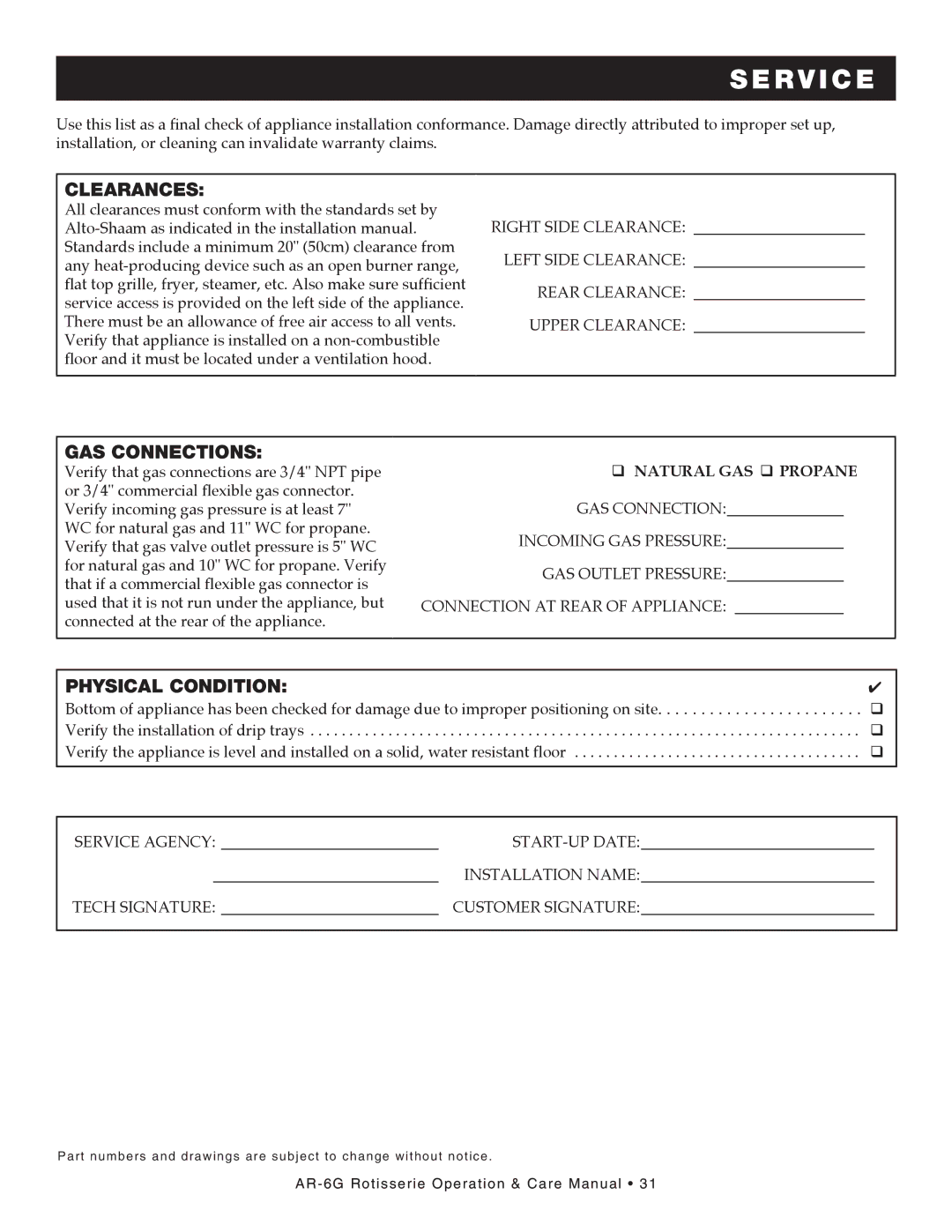 Alto-Shaam AR-6G manual Clearances, GAS Connections, Physical Condition 