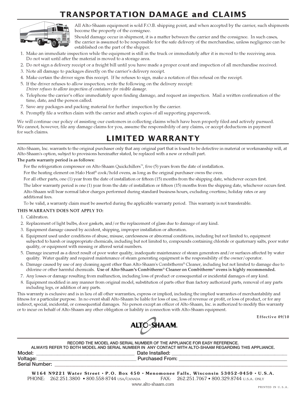 Alto-Shaam AR-6G manual Transportation Damage and Claims, Voltage Purchased From 