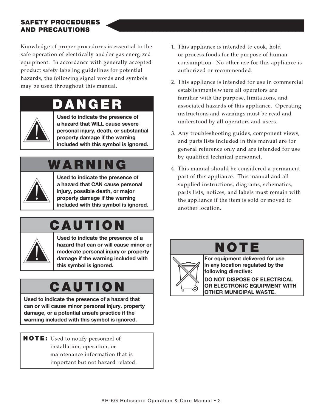 Alto-Shaam AR-6G manual R n I n G, Safety proceDUres anD precaUtIons 