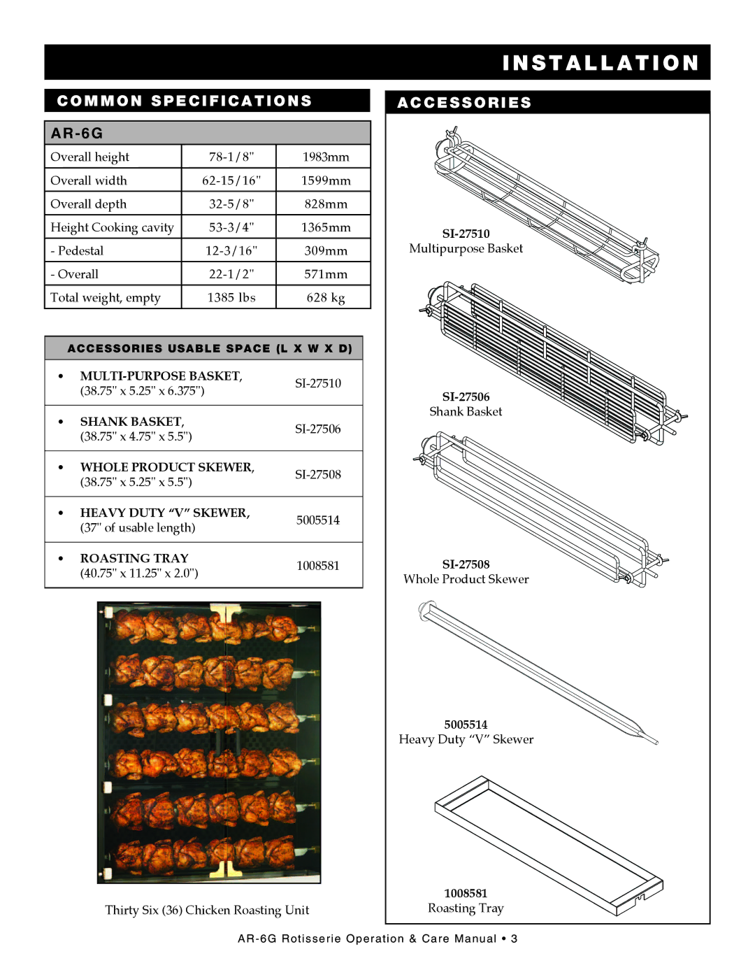 Alto-Shaam AR-6G manual Common specifications, Accessories 