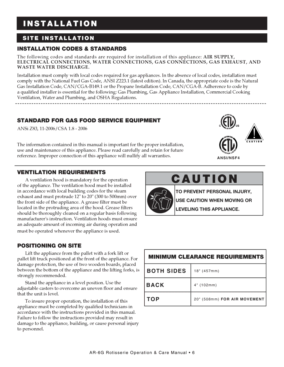 Alto-Shaam AR-6G manual Installation Codes & Standards, Standard for GAS Food Service Equipment, Ventilation Requirements 