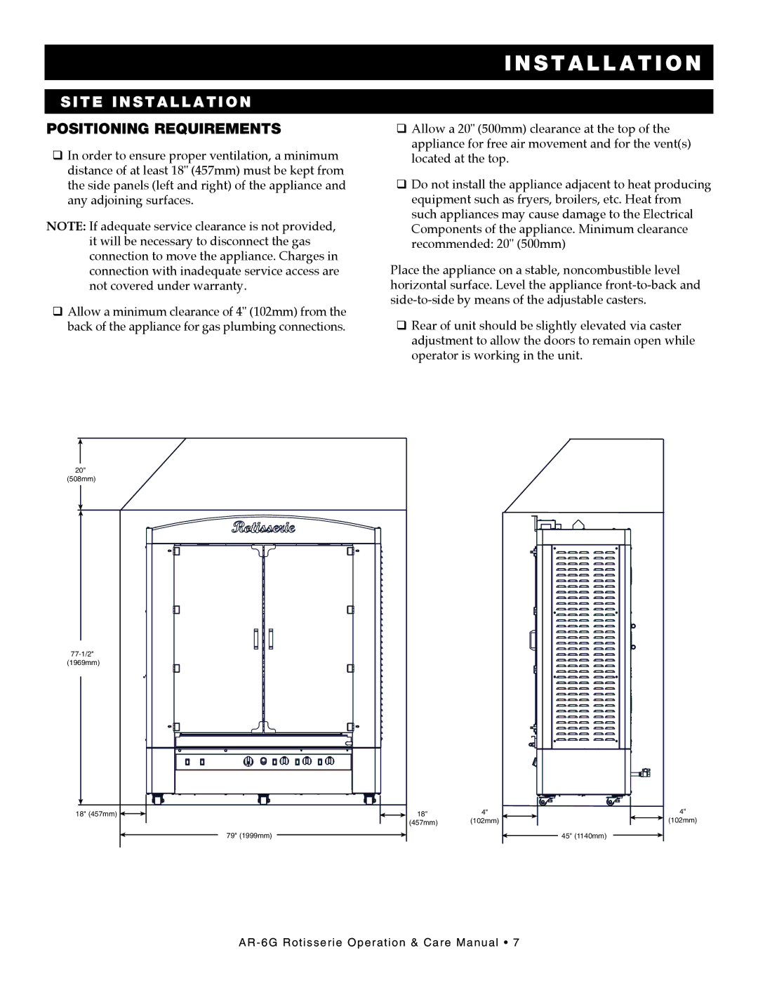 Alto-Shaam AR-6G manual Positioning Requirements 