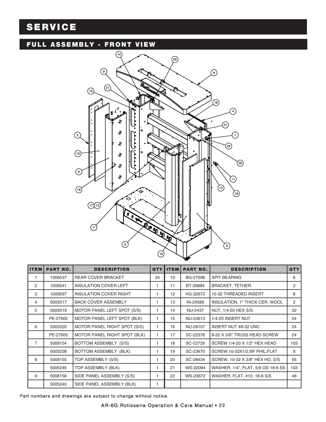 Alto-Shaam manual full assembly - Front view, s e rv ic e, AR-6GRotisserie Operation & Care Manual •, Item, PART No 