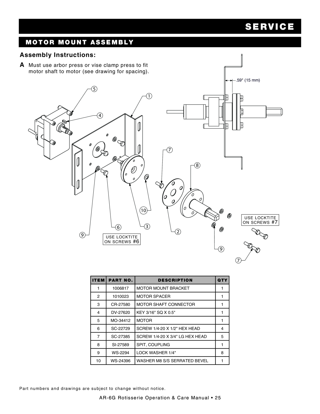 Alto-Shaam AR-6G motor mount assembly, Assembly Instructions, s e rv ic e, 5 1 4 7 8 10 63, Item, PART No, Description 