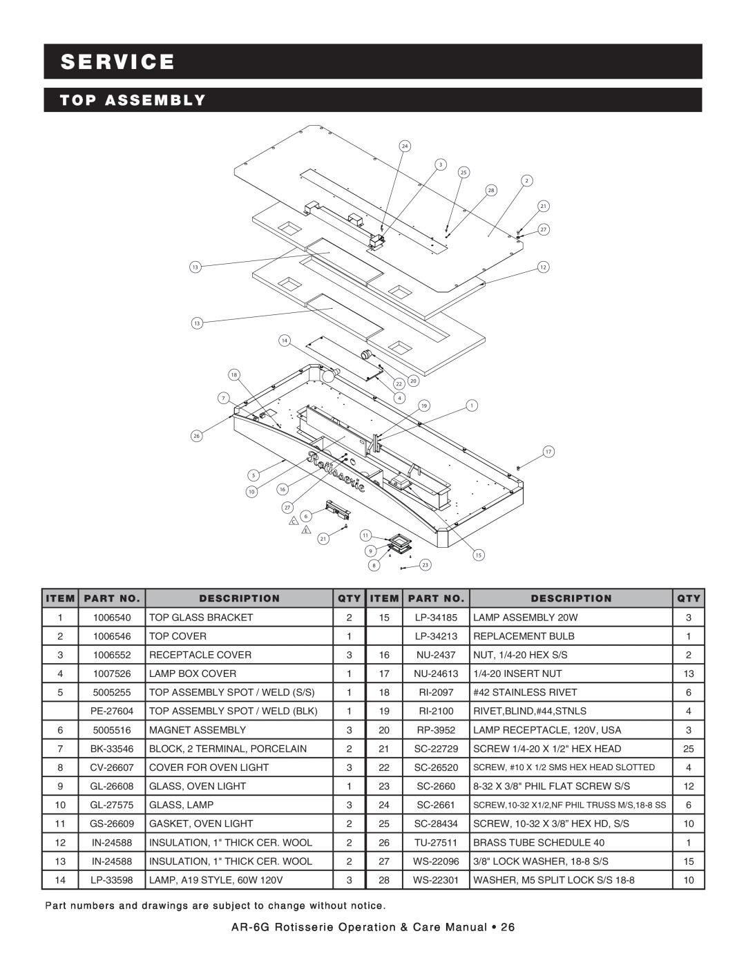 Alto-Shaam manual top assembly, s e rv ic e, AR-6GRotisserie Operation & Care Manual •, Description, Item, PART No 