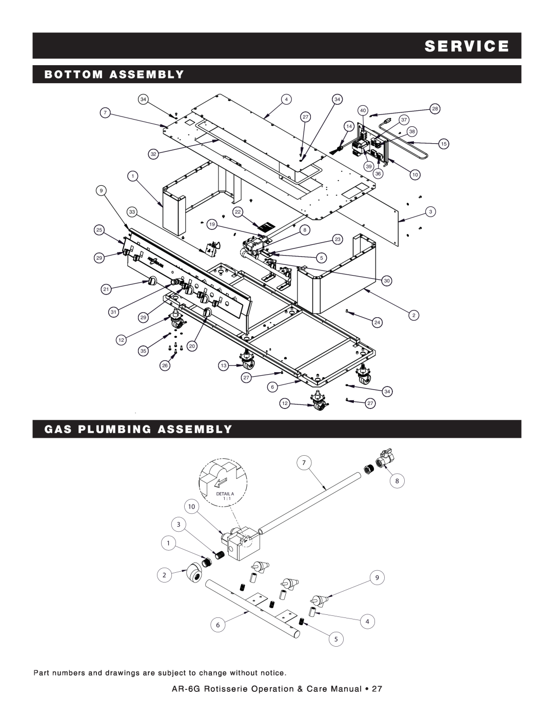 Alto-Shaam manual Bottom Assembly, gas plumbing assembly, s e rv ic e, AR-6GRotisserie Operation & Care Manual •, 10 3 1 