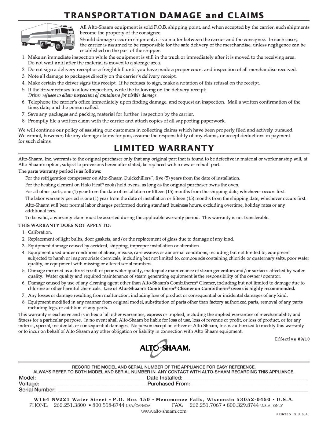 Alto-Shaam AR-6G manual TRANSPORTATION DAMAGE and CLAIMS, Limited Warranty, The parts warranty period is as follows 