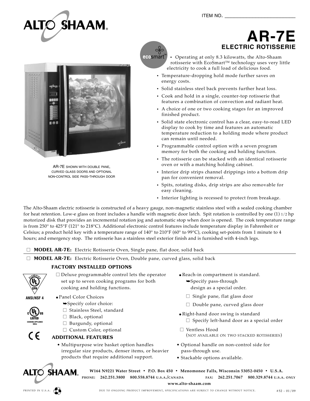 Alto-Shaam AR-7E specifications Electric Rotisserie 