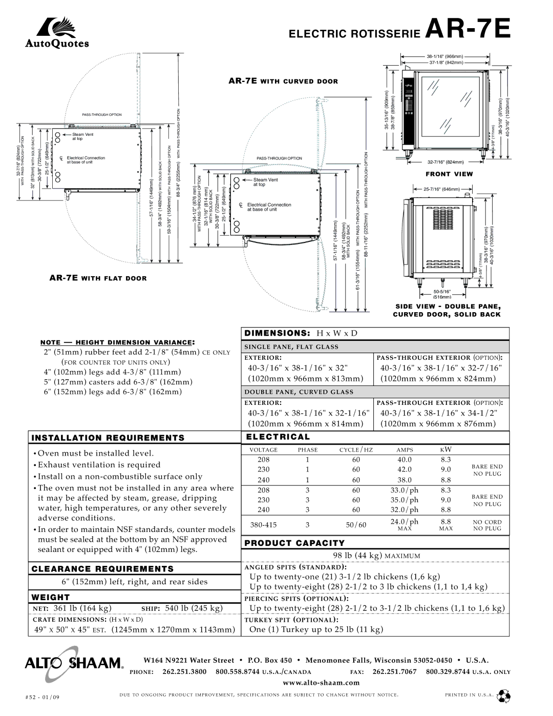 Alto-Shaam AR-7E specifications Electric Rotis Serie AR- 7E 