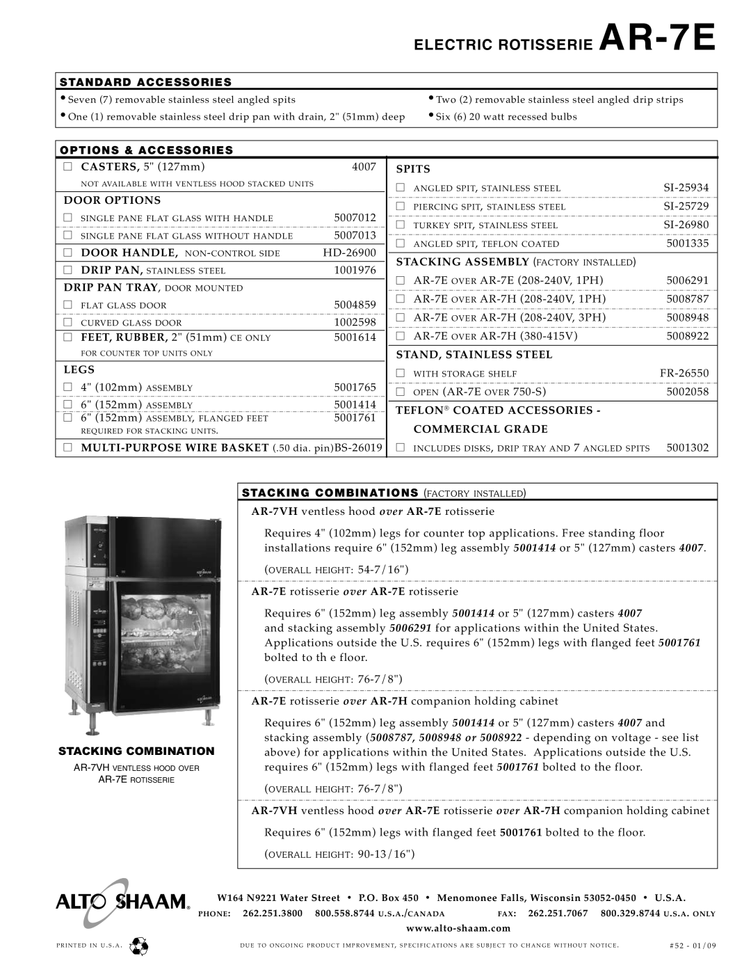 Alto-Shaam AR-7E specifications Electric Rotisserie AR- 7E, Standa RD a CCE Ssori ES, Options & a Ccesso RIE S 