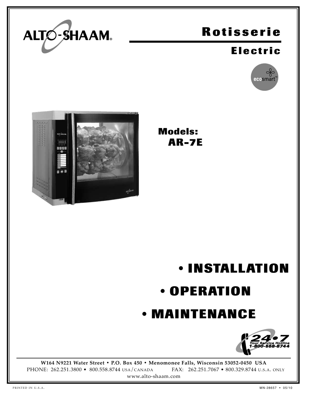 Alto-Shaam AR-7E manual INS Tallati on OP Eratio N Mainten ANC E, Usa 