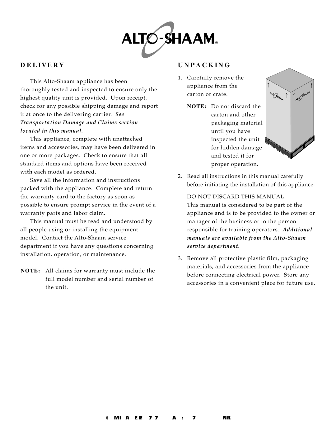 Alto-Shaam AR-7E manual Deli Very 