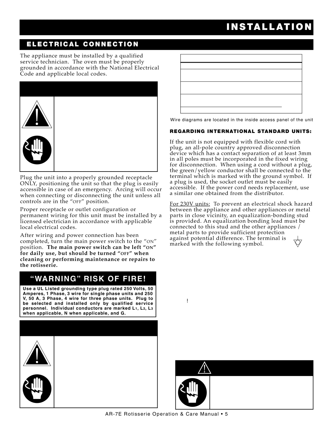 Alto-Shaam AR-7E manual WAR Ning Risk Fire, ELE Ctrical CON Nection 