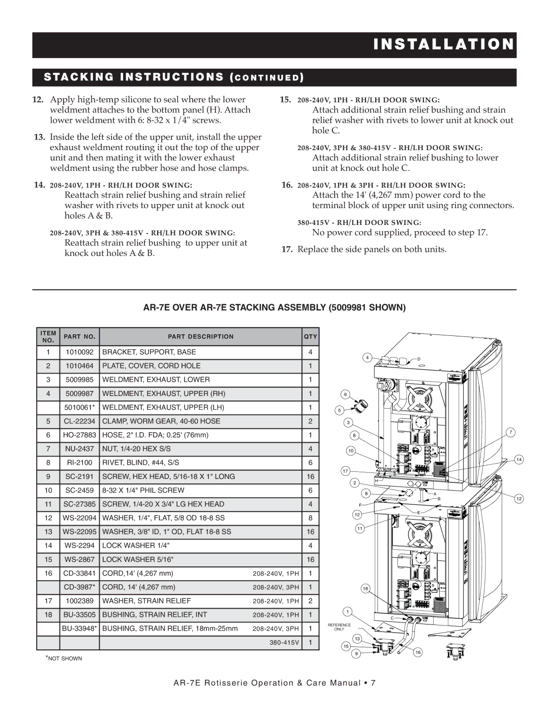 Alto-Shaam manual STA CK ING in Stru Ction S CON T Inue D, AR-7E Over AR-7E Stacking Assembly 5009981 Shown 