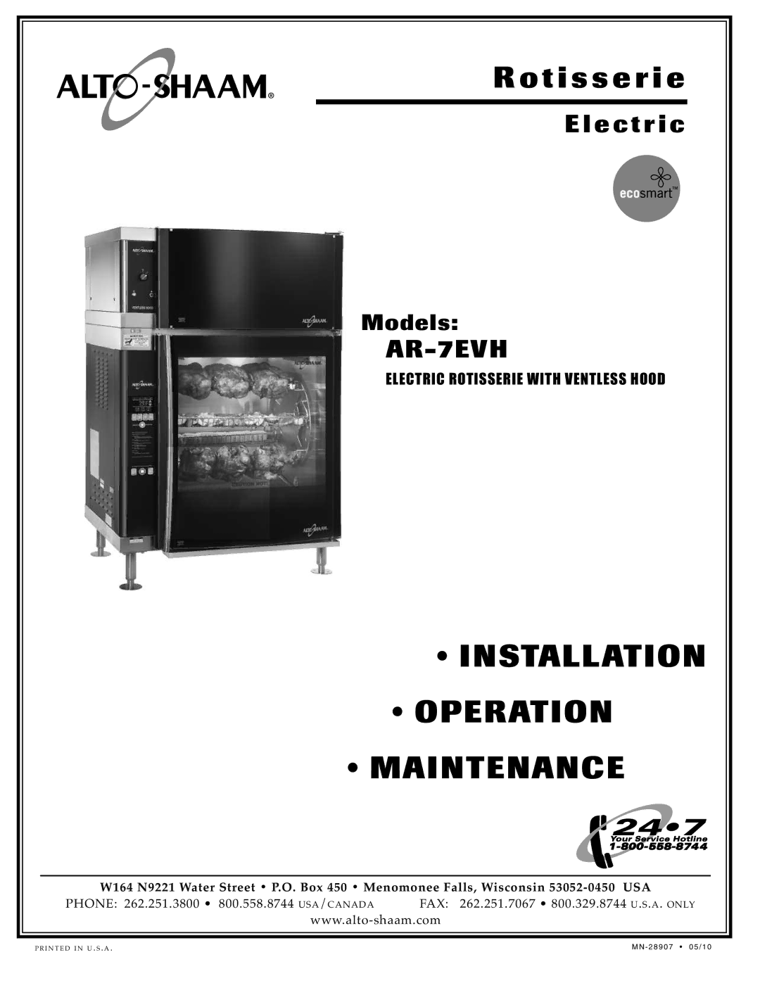 Alto-Shaam AR-7E/VH manual INS Tallati on Operatio N Mainten ANC E 