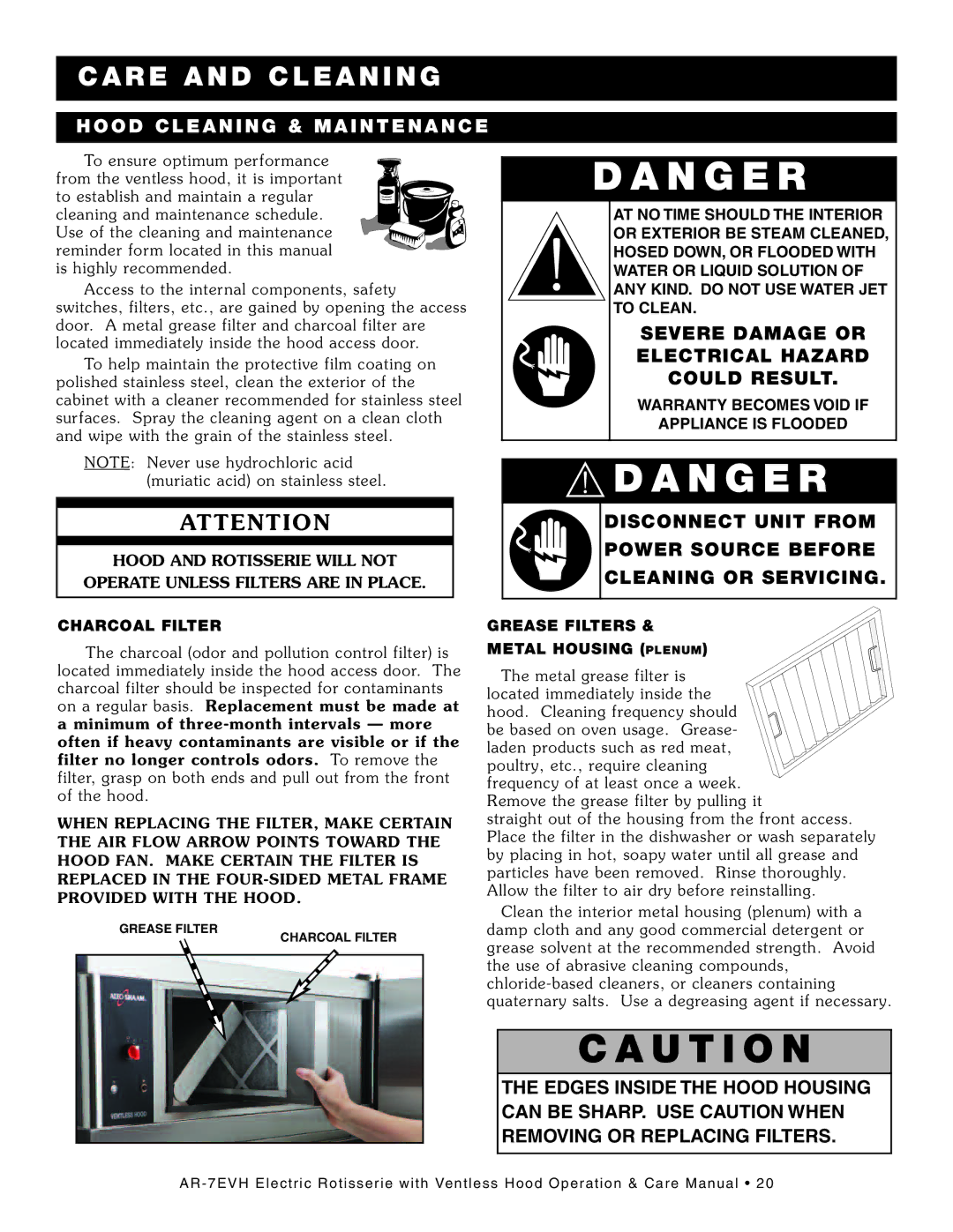 Alto-Shaam AR-7E/VH manual An Ge R, Da Ng Er, CAR E AN D Cleanin G, Hood CL EAN in G & MAI NT Enance 