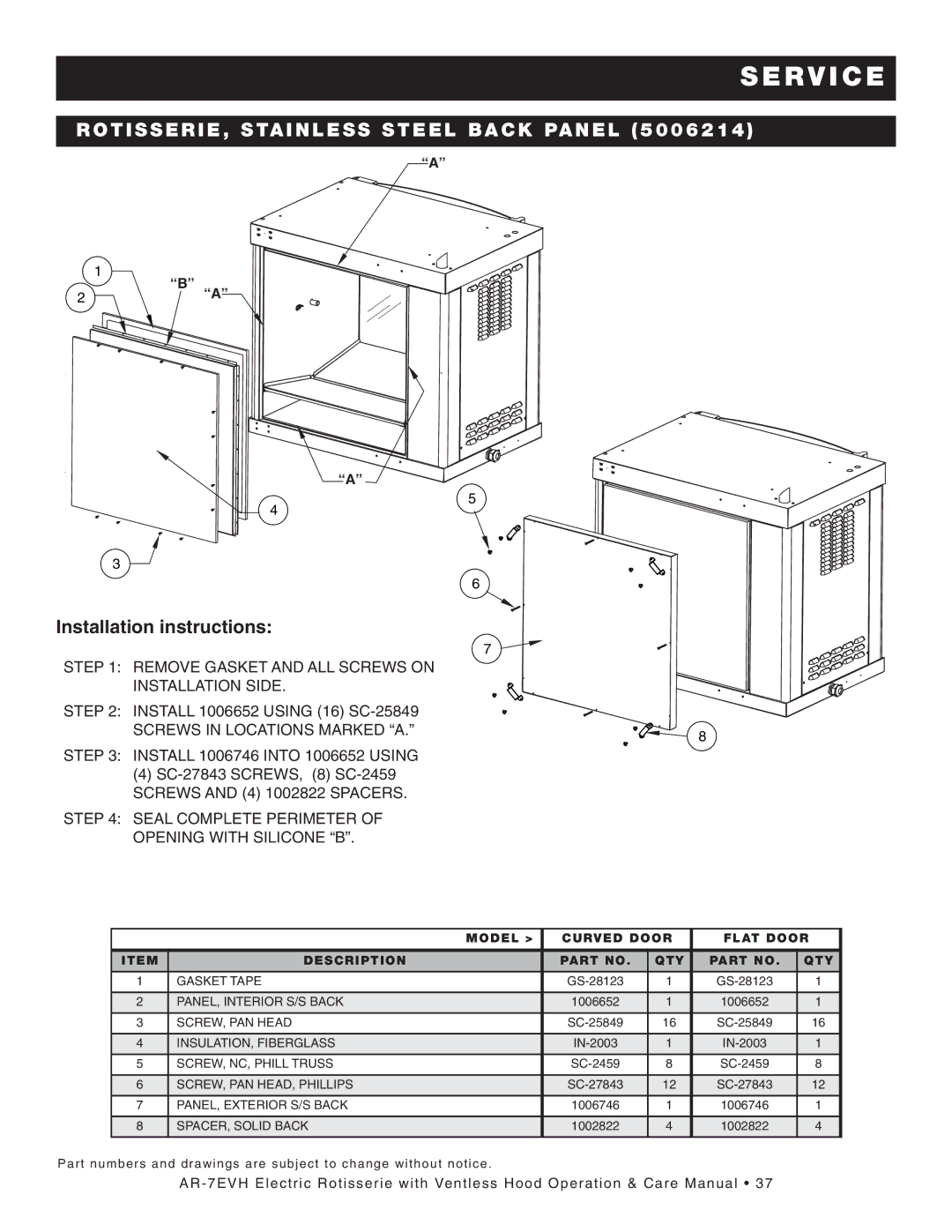 Alto-Shaam AR-7E/VH manual Roti Sseri E, ST AIN LE SS Steel Back PA NEL 5, Installation instructions 