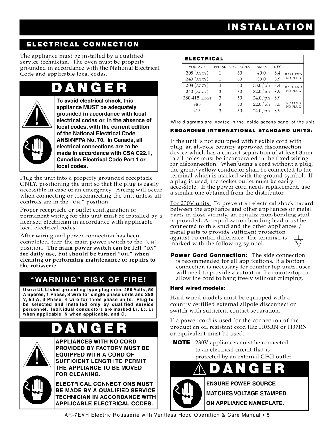 Alto-Shaam AR-7E/VH manual Dan Ge R, ELE Ctrical CON Nection 