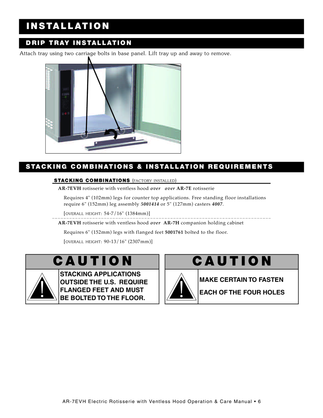 Alto-Shaam AR-7E/VH manual Aution, Cau Tio N, DRI P TRA Y in STA Llat ION 