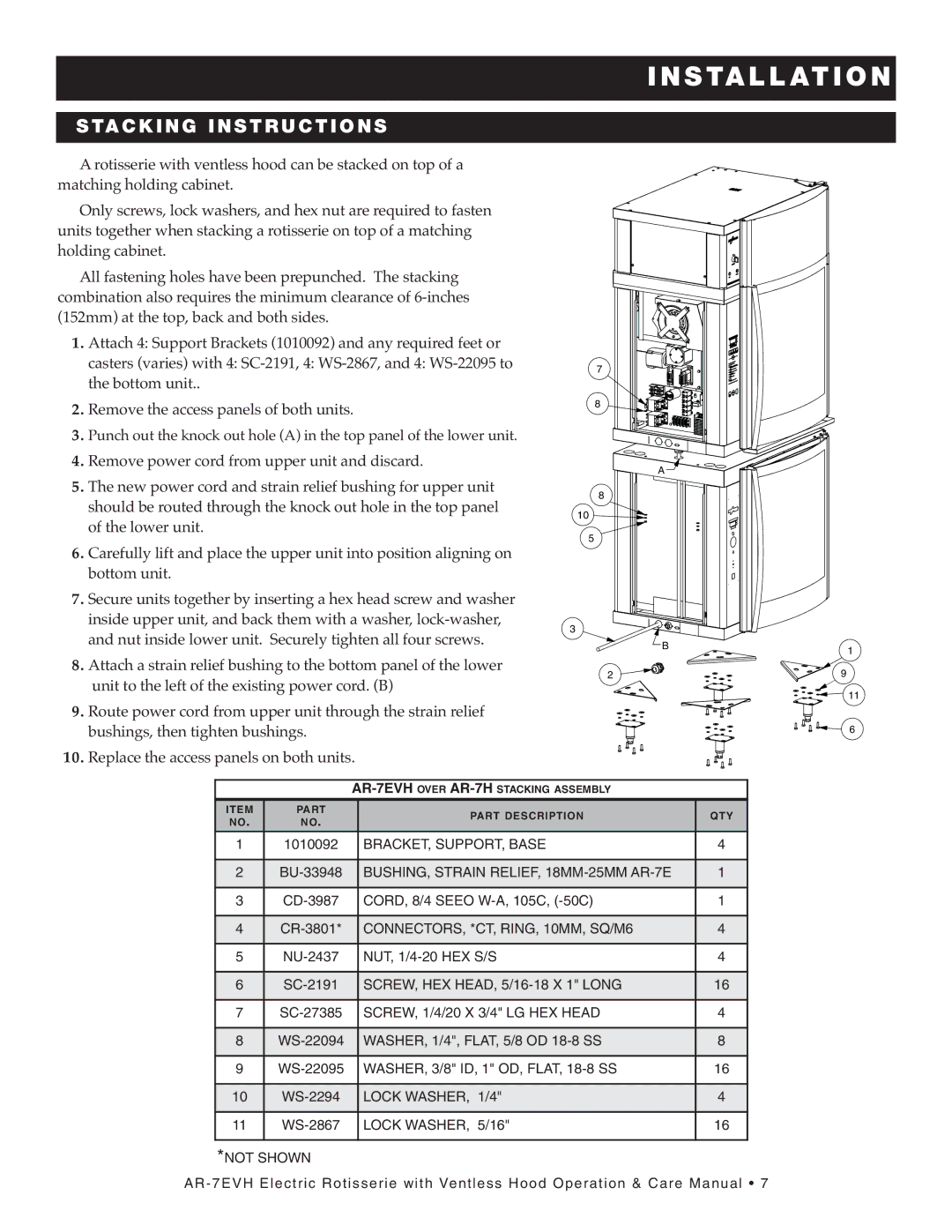 Alto-Shaam AR-7E/VH manual STA CK ING in Stru Ction S, CONNECTORS, *CT, RING, 10MM, SQ/M6 