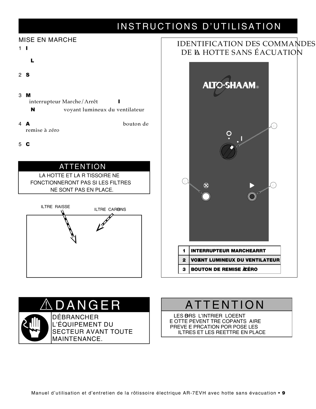 Alto-Shaam ar-7evh Instructions D’UTILISATION, Mise EN Marche, Débrancher L’ÉQUIPEMENT DU Secteur Avant Toute Maintenance 