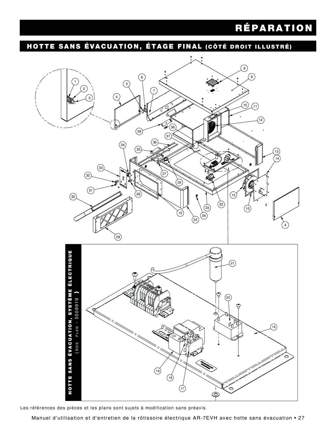 Alto-Shaam ar-7evh manual Rrééppaarraattiioonn, Hotte Sans ÉVACUATION, Étage Final Côté Droit Illustré 