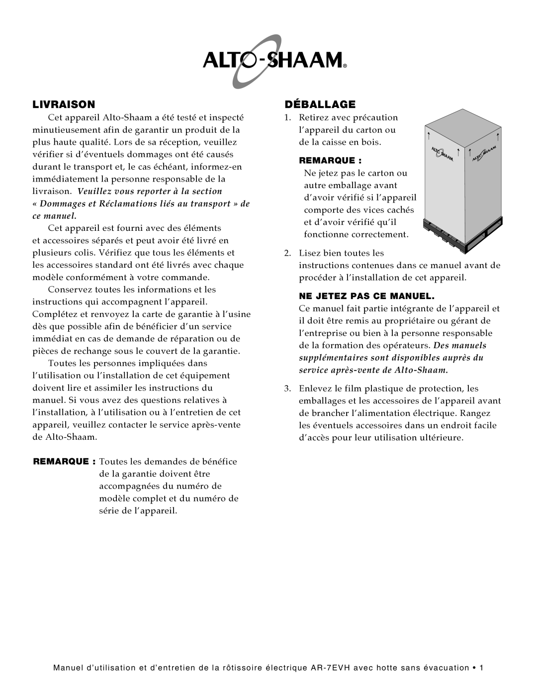 Alto-Shaam ar-7evh manual Livraison, Déballage 