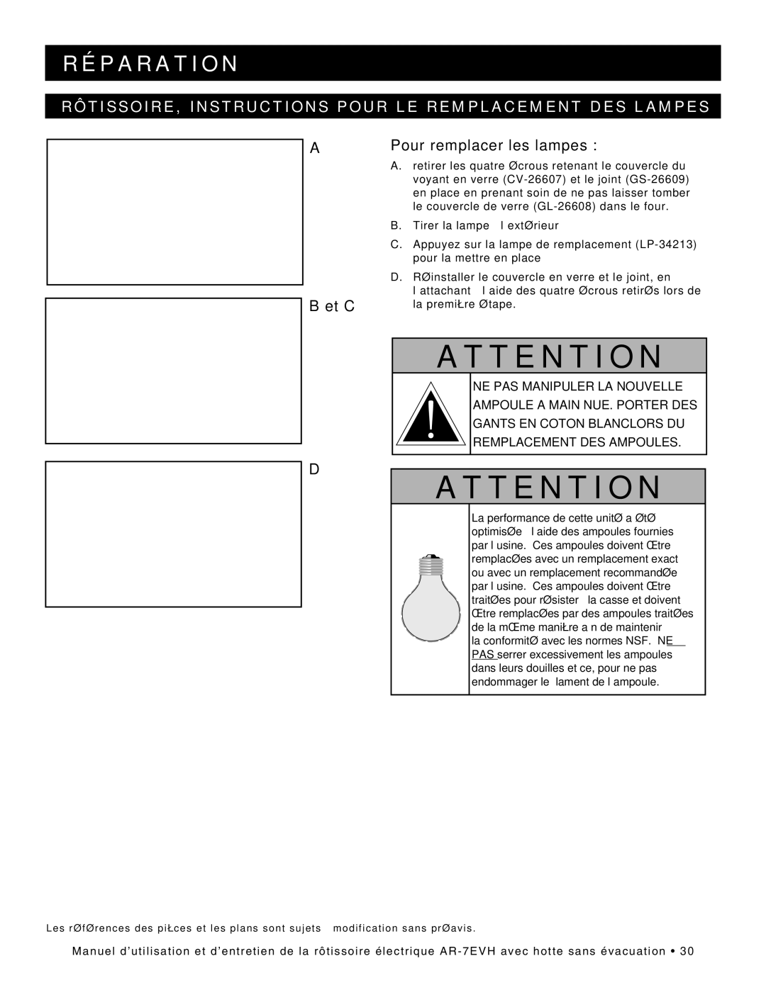 Alto-Shaam ar-7evh manual RÔTISSOIRE, Instructions Pour LE Remplacement DES Lampes, Et C Pour remplacer les lampes 