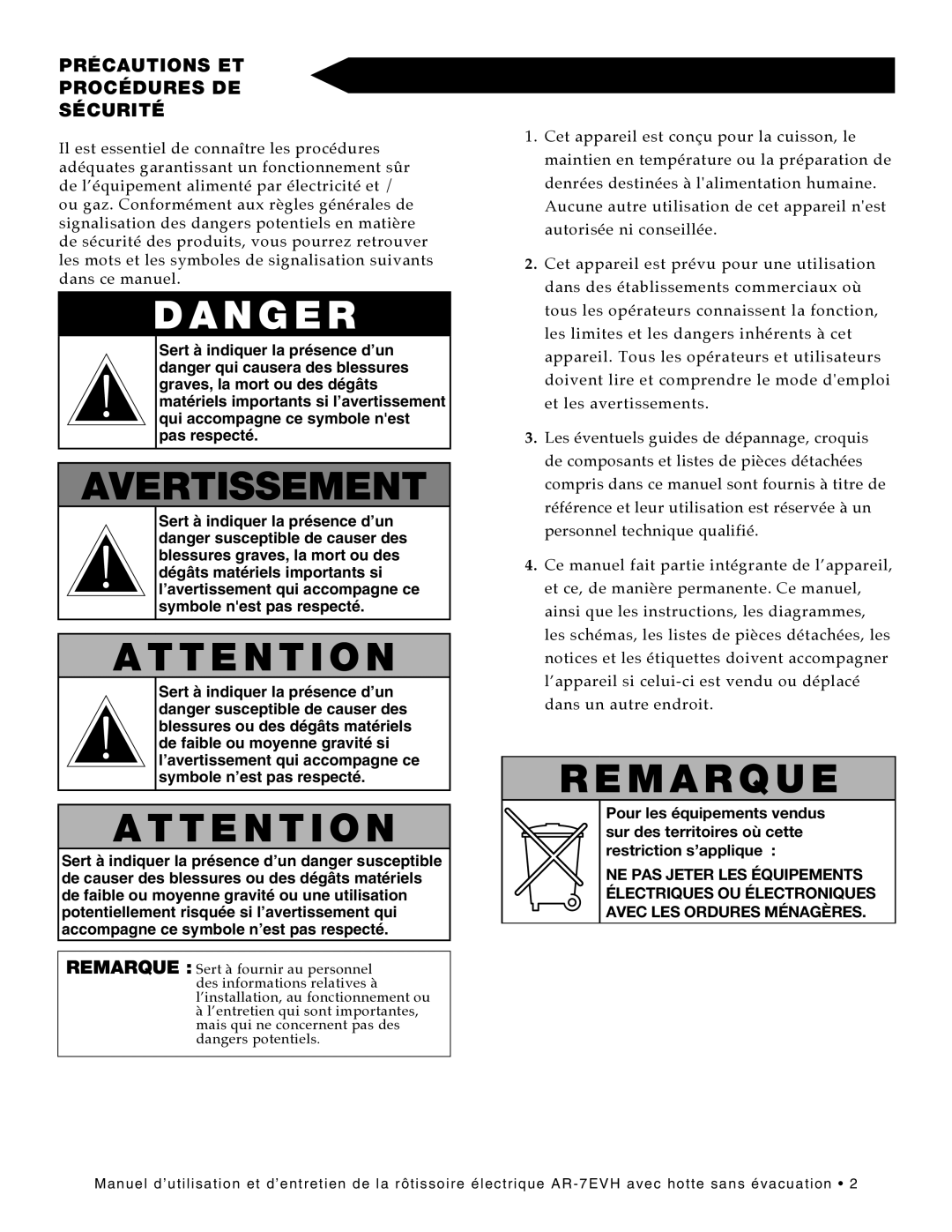 Alto-Shaam ar-7evh manual N G E R, Précautions ET Procédures DE Sécurité 