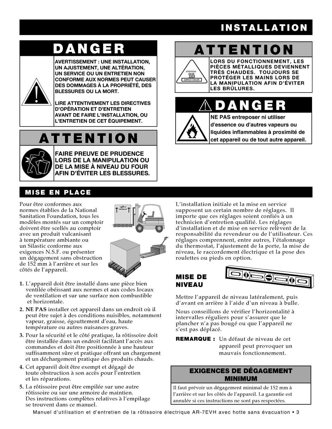 Alto-Shaam ar-7evh manual Installation, Mise EN Place, Mise DE Niveau, Exigences DE Dégagement Minimum 