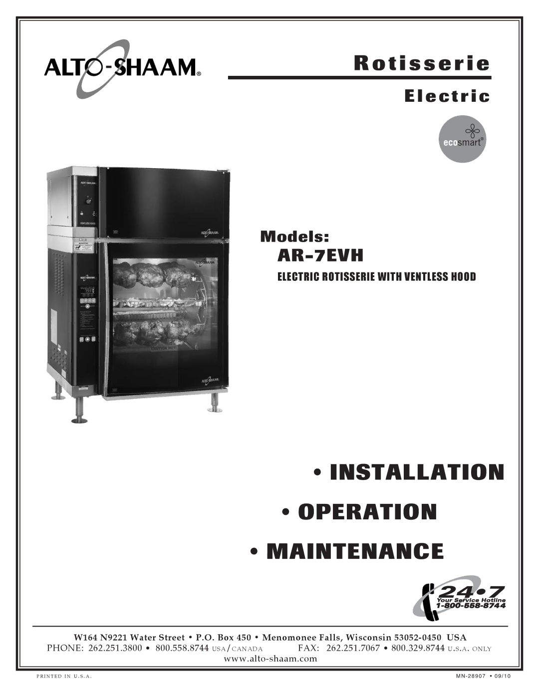 Alto-Shaam ar-7evh manual Installation Operation Maintenance 