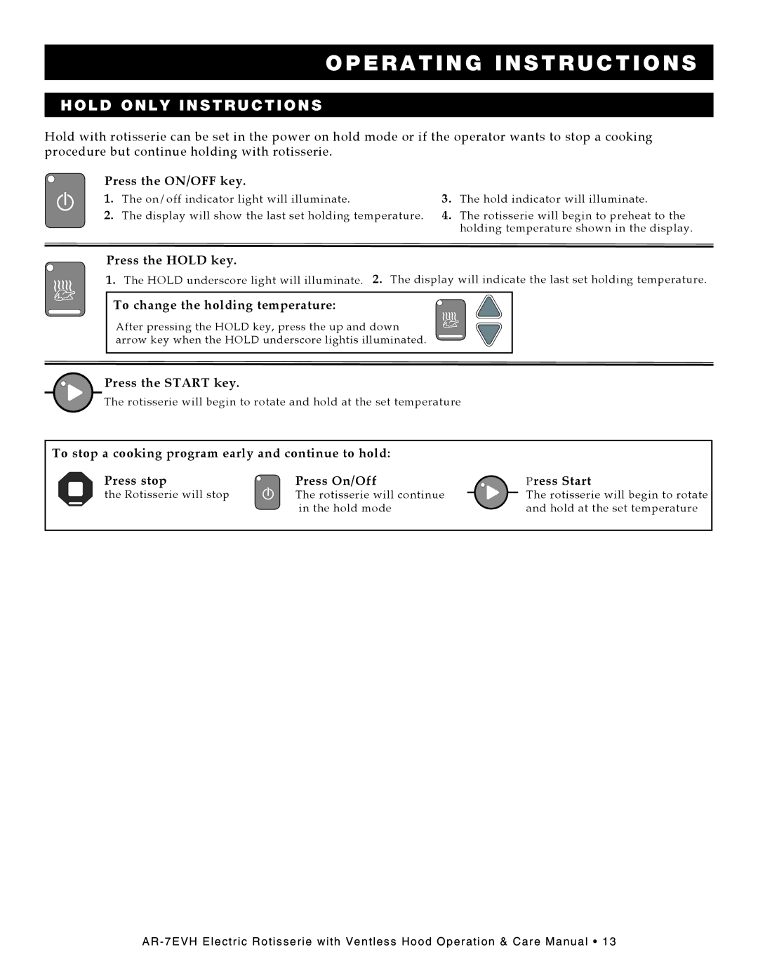 Alto-Shaam ar-7evh manual Hold only InstructIons 