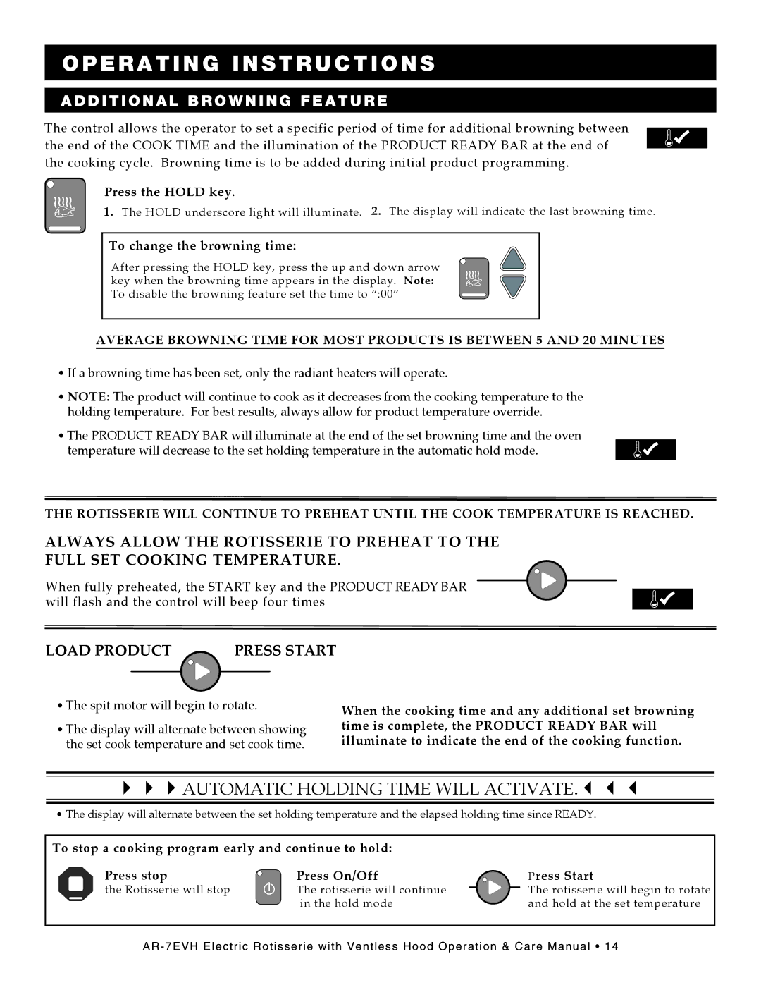 Alto-Shaam ar-7evh manual AddItIonal brownInG fEaturE, To change the browning time 