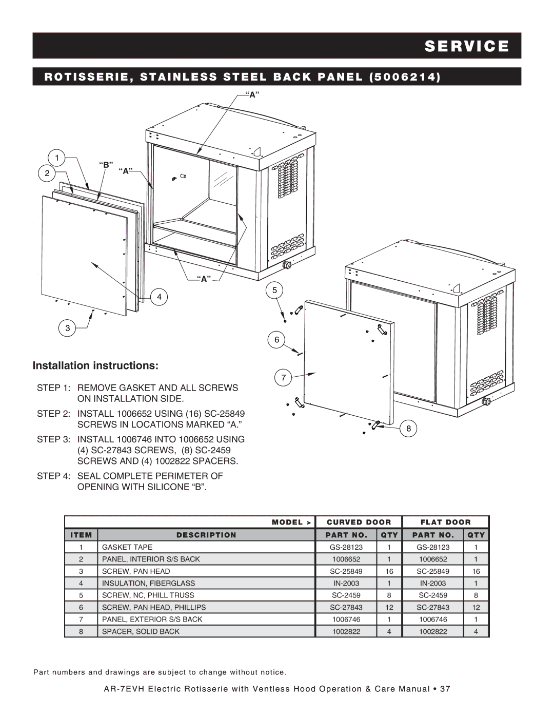 Alto-Shaam ar-7evh manual Ro tis seri e, Stainless Steel Back Panel, Installation instructions 