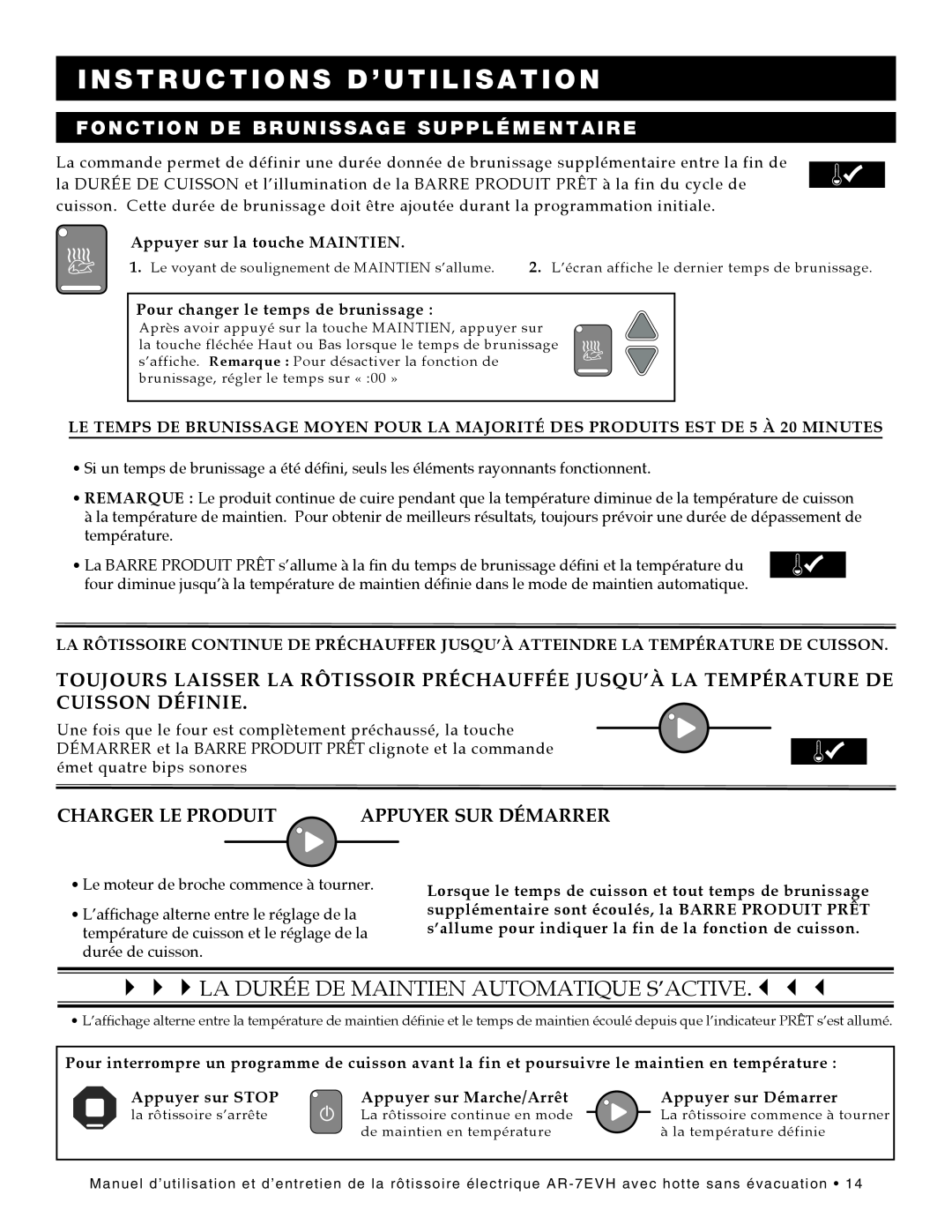 Alto-Shaam ar-7evh manual La Durée De Maintien Automatique S’Active., Fonction De Brunissage Supplémentaire 