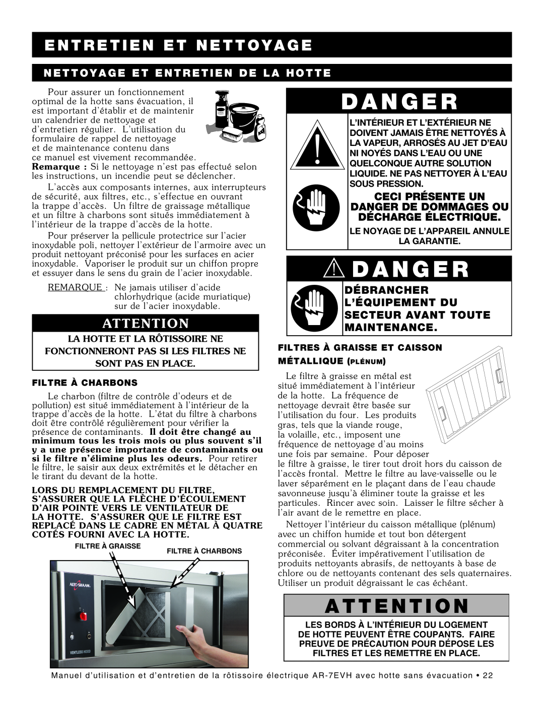 Alto-Shaam ar-7evh manual Nettoyage Et Entretien De La Hotte, Ceci Présente Un, Danger De Dommages Ou, Décharge Électrique 