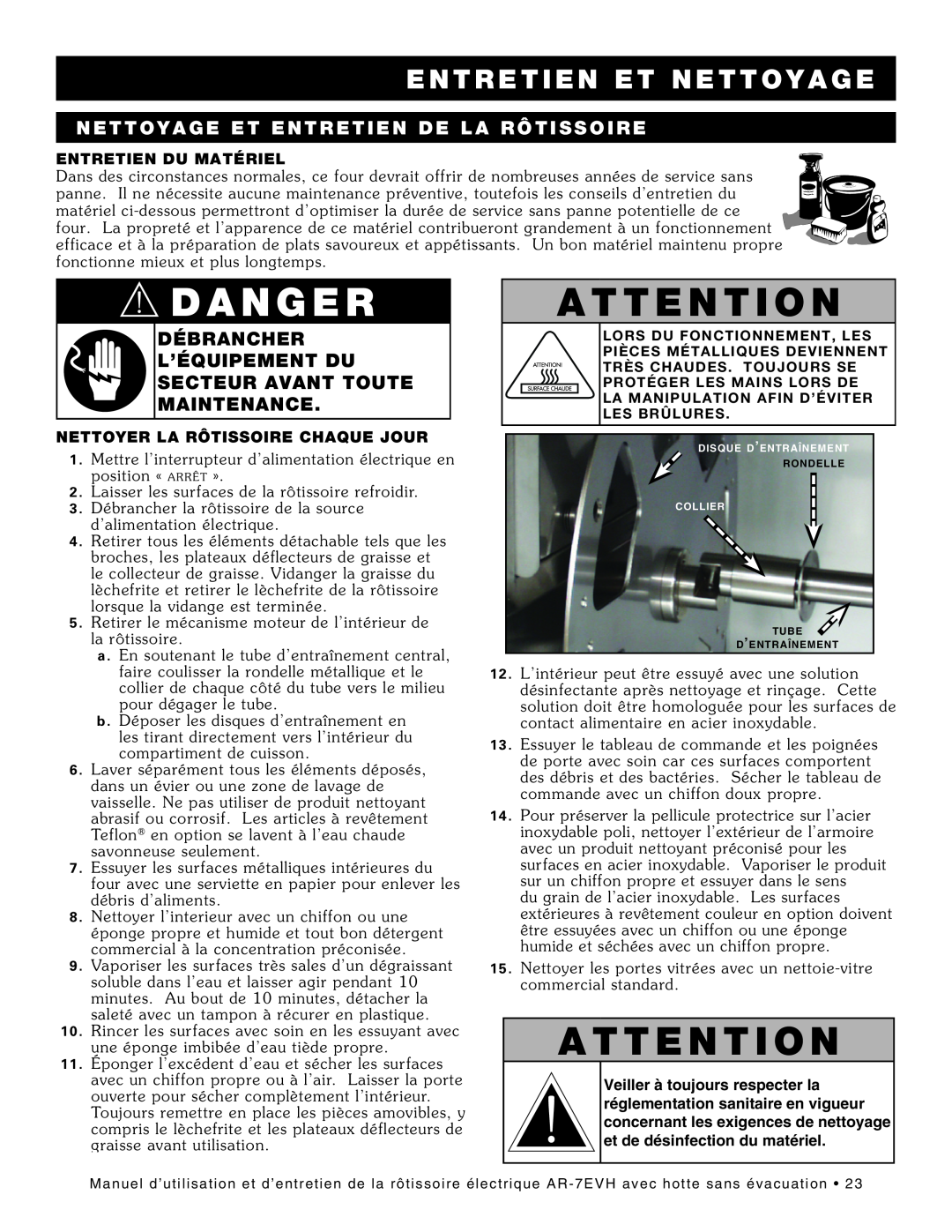 Alto-Shaam ar-7evh manual Nettoyage Et Entretien De La Rôtissoire, Danger, A T T E N T I O N, Entretien Et Nettoyage 